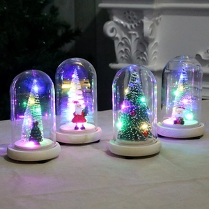 LED Christmas tree set with glass dome and wooden base for festive home decor