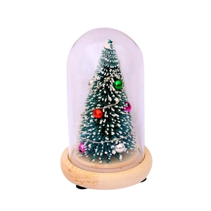 Mini lighted Christmas tree in glass dome with snow cedar on natural wood base