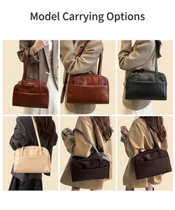 Detail view of large retro PU leather tote bags in four colors for office and casual use