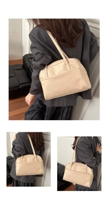 Detailed views of the beige PU leather tote bag showing pocket details and shoulder strap