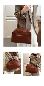 Detail view of large brown vintage tote bag showing its structured shape and interior space