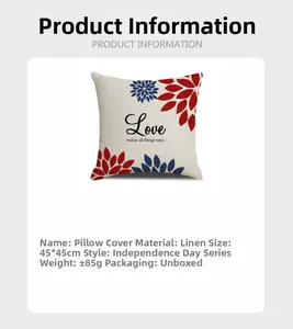 Independence Day linen cushion cover 45x45cm with red and blue floral print details