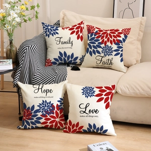 Set of 4 linen Independence Day pillow covers with floral motifs and inspirational quotes