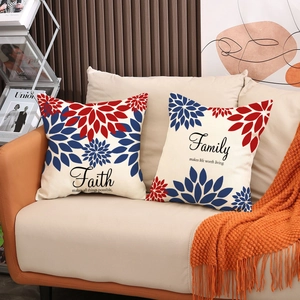 Linen Independence Day pillow covers with red and blue floral patterns, Faith and Family prints