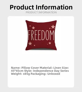 Dettaglio federa in lino rosso Independence Day con scritta FREEDOM bianca e stelle