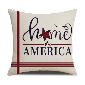 Dettaglio copricuscino in lino con stampa America e motivi a stelle decorative