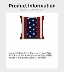 Detail showing Independence Day linen pillow cover with US flag pattern and size specs
