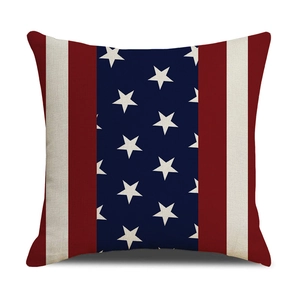 Detail view of the linen texture and American flag star and stripes design on a pillow case