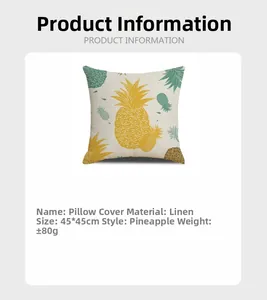 Linen pillowcase with yellow pineapple print, size 45x45cm for Nordic home decor