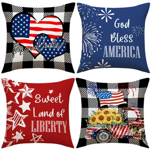 Independence Day Patriotic Pillowcase Polyester Buffalo Plaid God Bless America Freedom Truck Sunflower Cushion Cover Home Decor