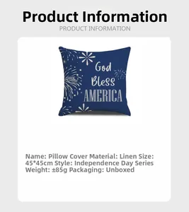 Linen Independence Day pillow cover 45x45cm with God Bless America fireworks print