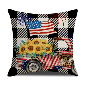 Independence Day pillow cover with plaid background, vintage truck and sunflower print