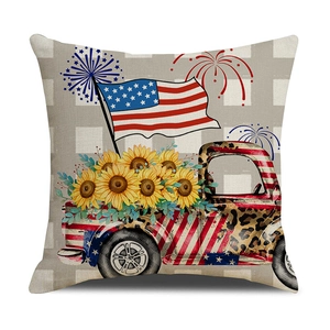 Independence Day pillow cover with vintage pickup truck and American flag pattern