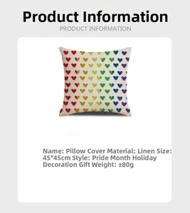 Vista dettagliata federa in lino cuore arcobaleno pride, misura 45x45cm da 80g