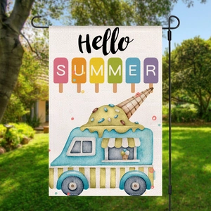 Detail of Hello Summer garden flag featuring ice cream truck on a black metal stand