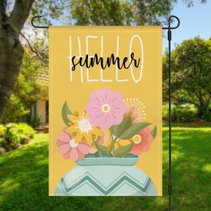 Detail of Hello Summer garden flag with floral design and black metal flag holder stand