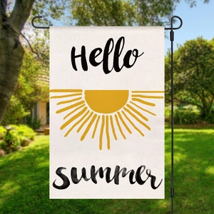 Vertical garden flag with Hello summer text and sun icon on a black metal stake
