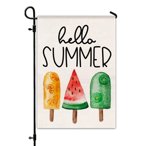 Hello Summer garden flag with fruit popsicle prints and black metal display stand