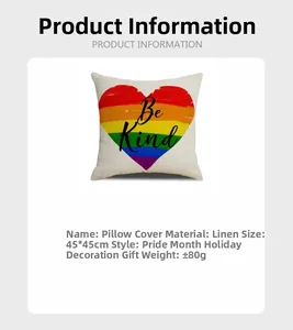 Detail showing rainbow heart linen pillowcase texture with Be Kind text 45x45cm
