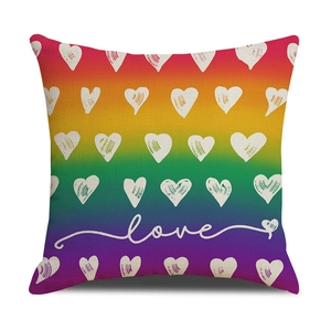 Rainbow gradient linen pillow cover with white hearts and love text for sofa decor