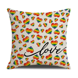 Linen decorative pillowcase featuring a rainbow striped heart and Love artistic print