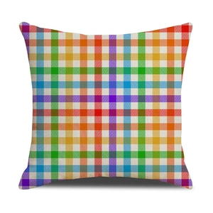 Close-up of the rainbow plaid fabric texture on a square linen cushion cover