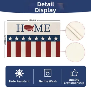 Detail showing 18x12 inch Independence Day linen placemat with Home logo and USA map