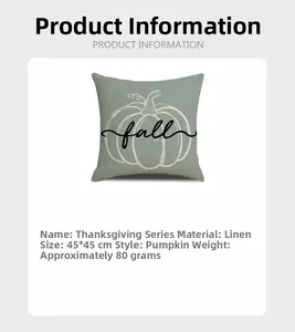Detail view of linen Thanksgiving pillow cover featuring sage green pumpkin and fall text