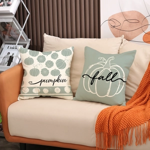 Set of two fall decorative pumpkin pillow covers in cream and sage green on a sofa
