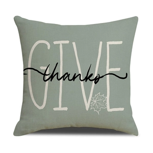 Detailed macro view of sage green cushion cover featuring Give Thanks text and autumn leaves