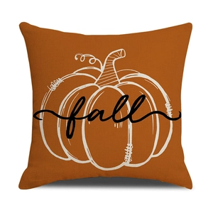 Detail of autumn orange throw pillow case with pumpkin graphic and fall script