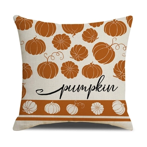 Detailed close-up of pumpkin pattern on linen texture autumn Thanksgiving pillow cover