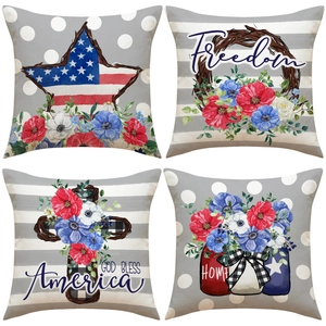 Cushion Cover Independence Day Patriotic Fourth Of July American Flag Stars Floral Polyester Linen Texture Pillowcase