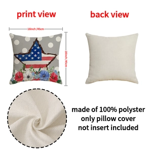 Independence Day pillow cover with star stripes and floral pattern on faux linen fabric