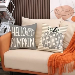Linen Thanksgiving pillow covers featuring Hello Pumpkin text and pumpkin prints for decor