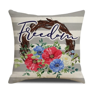 Independence Day striped pillow cover with Freedom floral wreath for home decor