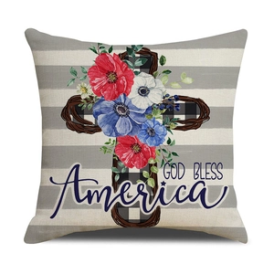 Detail of cross and floral print on American Independence Day square pillowcase