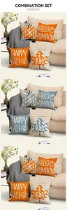 Detail of linen pumpkin pillow covers showing Hello Pumpkin and Happy Fall prints