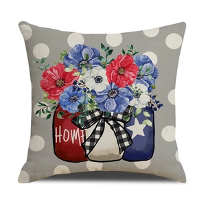 Detail of USA Independence Day pillow cover with rustic jars, florals and HOME text print