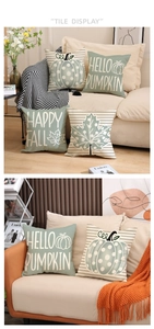 Detail view of linen fall pillow covers with pumpkins and sage green autumn designs