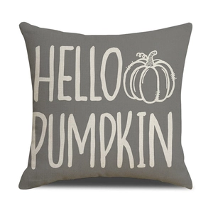 Grey linen Thanksgiving pillow cover with white pumpkin and Hello Pumpkin text