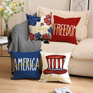 Set of 4 American Independence Day linen pillow covers with patriotic US flag prints