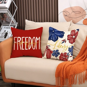 Independence Day American flag linen pillow covers set for sofa decor on orange leather seat