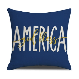 Detailed fabric texture of navy linen pillow cover with God Bless America print