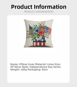 Linen Independence Day pillow cover featuring floral and flag print, size 45x45cm