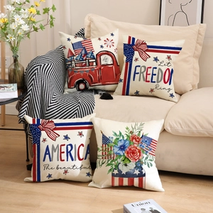 Set of 4 American Independence Day pillow covers with vintage truck and flag prints