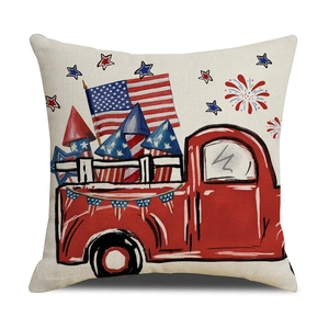 Detailed texture of cotton linen pillow cover with vintage patriotic truck flag print