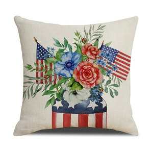 Detail of floral watercolor print with US flag motifs on linen Independence Day pillow case