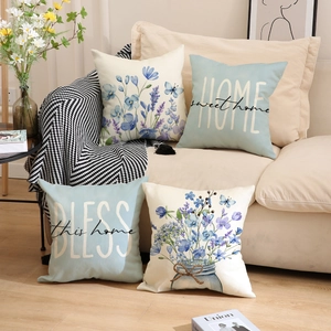 4er-Set Kissenbezüge aus Leinen mit blauen Blumenmustern und Home-Schriftzügen