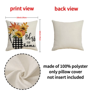 Linen style pumpkin sunflower fall pillow cover with Bless Our Home print 18x18 inch